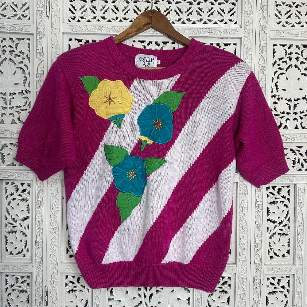 Vintage Cervelle Hot Pink Floral Grannycore Short‎ Sleeve Sweater Sz Small